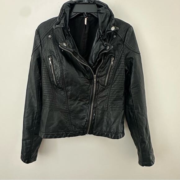 Free People Black Leather Jacket Asymmetrical Design Size 6 - Picture 1 of 11